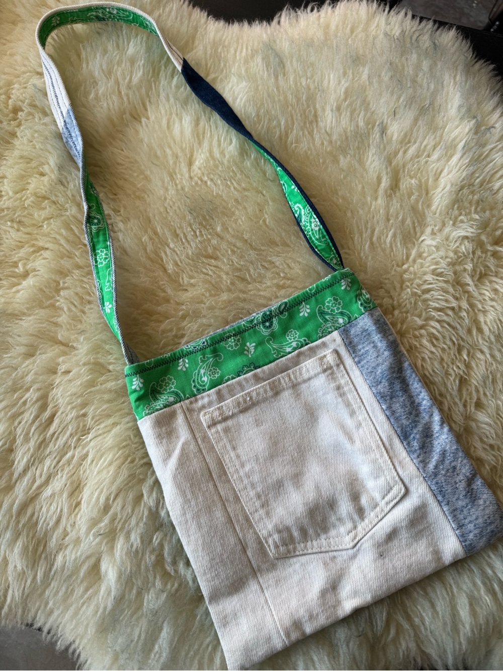 Handmade Denim Jeans Pocket Crossbody Bag with Bandana Accents